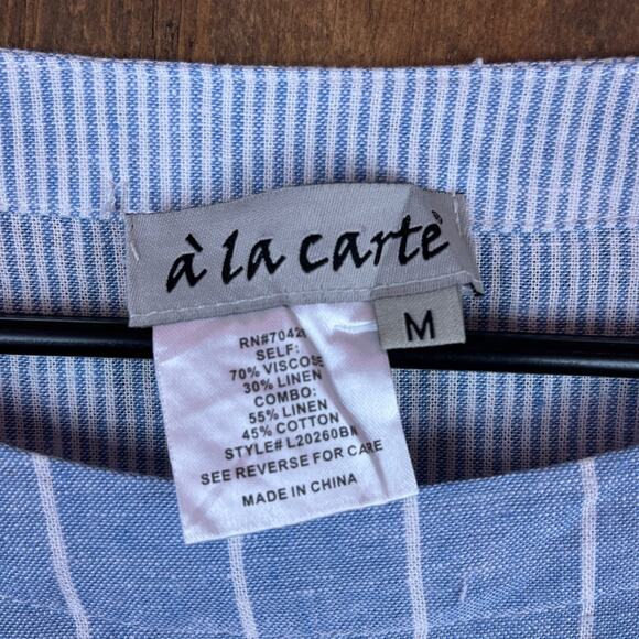 A La Carte Womens Blouse Blue Pink Colorblock Striped Linen 3/4 Sleeve Tunic M - Picture 9 of 12